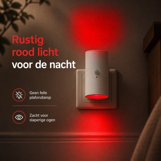 NIDRA® Rood Nachtlampje met Bewegingssensor voor het Stopcontact | Dimbare Stekkerlamp met Rood Licht | Auto/On/Off