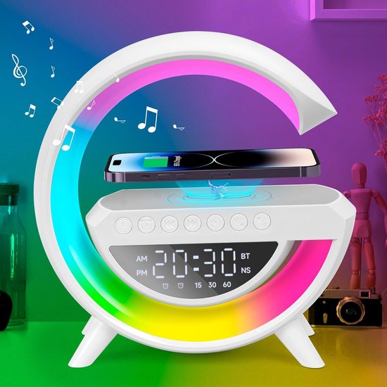 Ninoway - Digitale Wekker - Met draadloze oplader - Lichtwekker - Oplader - Nachtlampje - Leeslamp - Bluetooth Speaker - Wireless charger van Merkloos