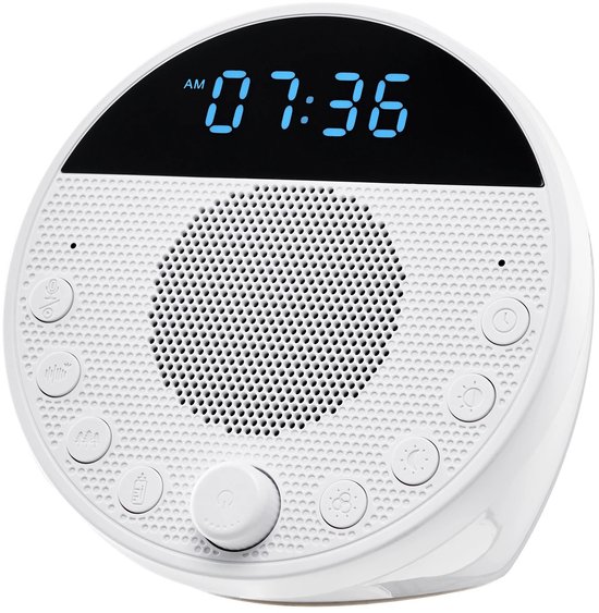 Novix White noice machine - Wake up light - Slaap trainer - wekker - 7 kleuren - 5 in 1 witte ruis machine - Wit met zwart