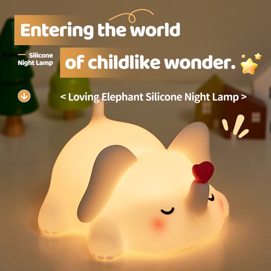 Olifant Nachtlampje voor Kinderen - Siliconen LED Bedlampje met Telefoonstandaard, Oplaadbaar, Touch, 3 Dimbare Niveaus, 30 min Timer - Kinderkamer Cadeau