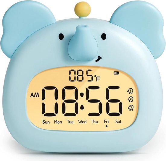 Olifantenwekker voor de kinderkamer, blauwe olifantenwekker met nachtlampje, dimfunctie, 3 alarmen, luid, timer, cadeau voor jongenswekker van Anloo