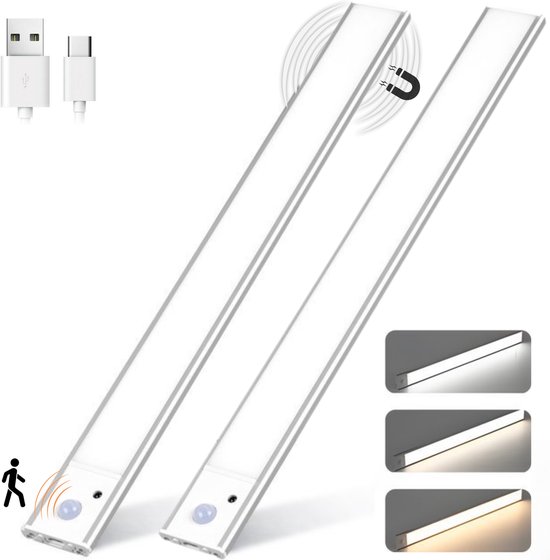 Omniscient® Led Lamp met Bewegingssensor - Kastverlichting - Keukenverlichting Onderbouw Led- Nachtlampje - Meerdere Kleurtemperaturen - Dimbaar - 2x 30 cm - Nachtlampje met Sensor - Binnen - USB-C Oplaadbaar - Trapverlichting - Magnetisch - Kastlamp van Creyer