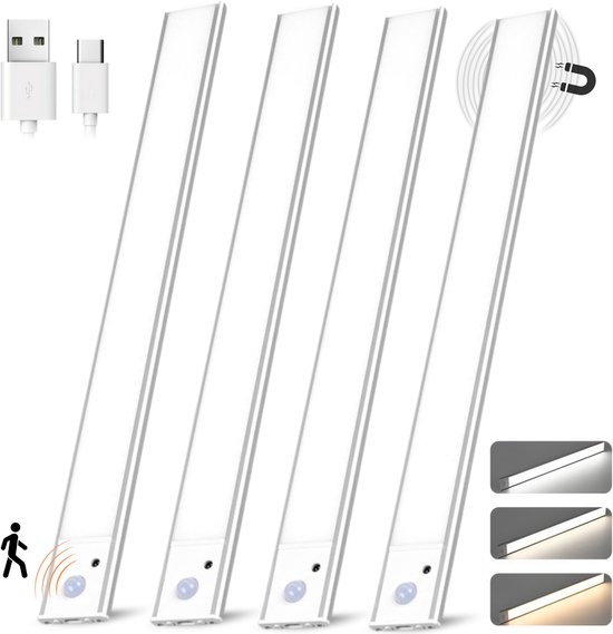 Omniscient® Led Lamp met Bewegingssensor - Kastverlichting - Keukenverlichting Onderbouw Led- Nachtlampje - Meerdere Kleurtemperaturen - Dimbaar - 4x 30 cm - Nachtlampje met Sensor - Binnen - USB-C Oplaadbaar - Trapverlichting - Magnetisch - Kastlamp van Omniscient®