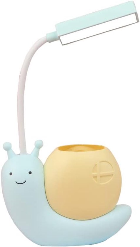Oneay Kinder Bureaulamp LED – USB Oplaadbare Tafellamp met Pennenhouder – Slakvormige Lamp met Oogbescherming en 360° Verstelbare Hals – Blauw