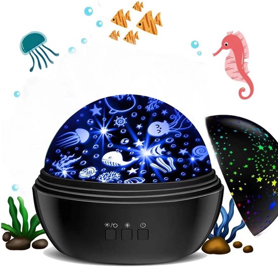 Oneay Lichtprojector, Sterren-, Maan- en Oceaangolfsensor met roterende lichtjes, oplaadbare sensorische lichtjes voor meisjes en jongens (Zwart) [Energieklasse A]