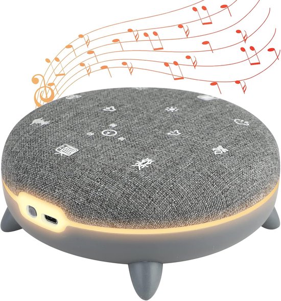 Ontspanningshulpmiddel, white noise machine met 7 rustgevende geluiden, muziekweergave via Bluetooth, 8 lichtstemmingen, 30-60-90 minuten programma's, USB-C van Calmzy