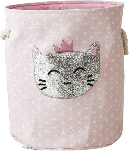 Opbergmand kinderkamer speelgoed - Glitter Poes Wasmand - Opbergmand met handgrepen - Wasmand voor Kinderkamer of Babykamer - Canvas - Opbergzak Speelgoed - Cadeau Kinder Kamer