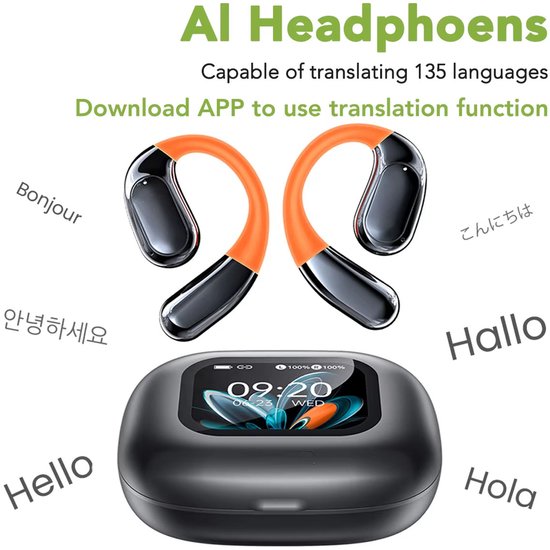 Open-Ear Sport Koptelefoon Bluetooth 5.4 - Draadloze Koptelefoon / Sport Oortjes OWS Headset met AI Vertaler & LCD Touchscreen