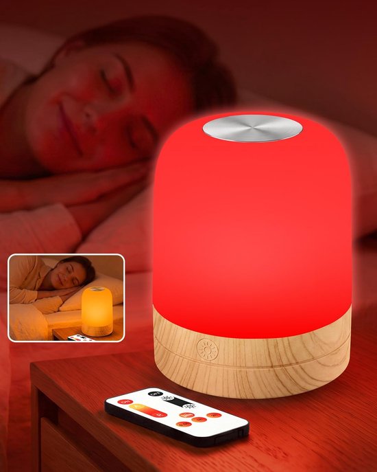 Oplaadbaar 670nm Rood & 1700K Amber Bedlampje | Afstandsbediening, Timer, Geheugenfunctie, Dimbaar Blauwlicht Filterend Slaaplicht