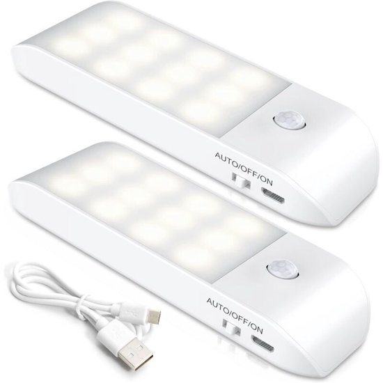 Oplaadbaar LED-nachtlampje, [2 stuks] Automatische sensor LED-lamp, draagbare magnetische wandlamp, geschikt voor kledingkasten, slaapkamers, gangen, bergingen, trappen [12 LED-lampjes] Wit licht (6000K)