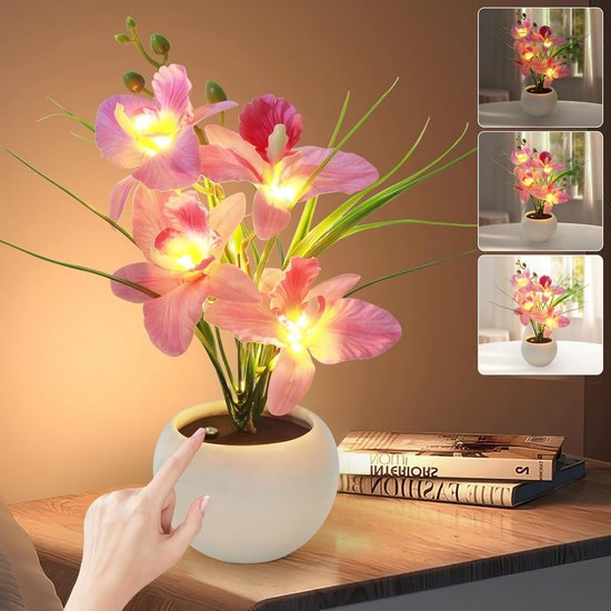 Oplaadbaar LED Nachtlampje met Roze Orchideeën en Vaas voor Sfeervolle Binnenverlichting