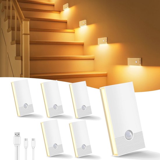 Oplaadbaar Nachtlampje met Bewegingssensor - 6 Stuks, LED Nachtlamp voor Kinderen, Ideaal voor Trappen, Hal, Badkamer en Kinderkamer van Merkloos