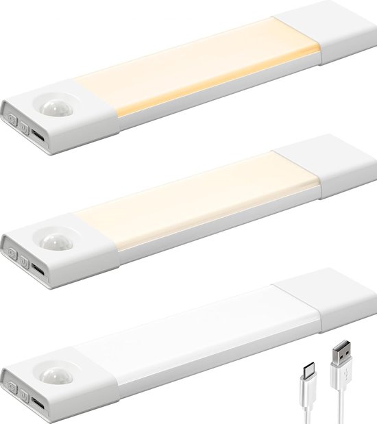 Oplaadbare Lamp Met Bewegingssensor - Kastverlichting - Driekleuren Aanraakbediening En Magnetische Montage - 3 Stuks - Wit van Merkloos