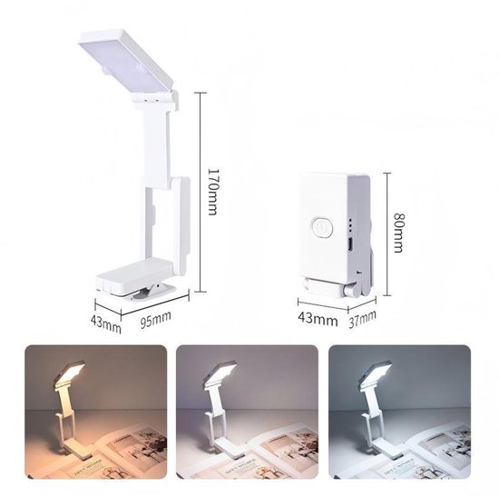 Oplaadbare LED klemlamp wit 700mAh | Opvouwbare draagbare mini boeklamp | Oogvriendelijk als leeslamp en compacte bureaulamp