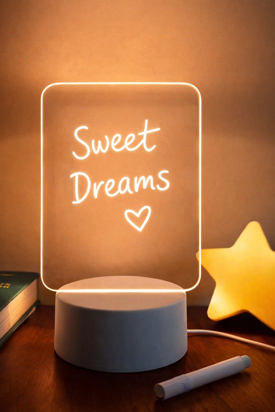 Oplaadbare LED Nachtlamp met Berichtenbord – Touch Bediening – Warm Wit Sfeerlicht – Inclusief Marker – Decoratieve Bureau- en Slaapkamerlamp van Merkloos