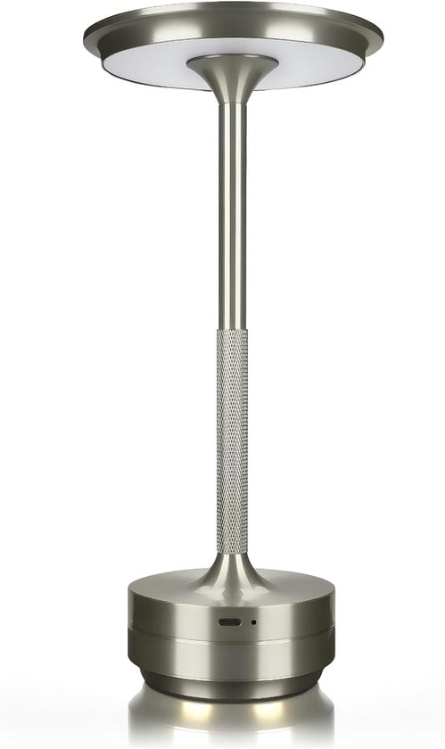 Oplaadbare LED Tafellamp, USB-C, 1800 mAh Dimbare Waterproof Draadloze Sfeerlamp met Touch Bediening, oplaadbare ronde metalen lamp met aanraakbediening, Woonkamer, Restaurant en Bar, zilver van LoraTap