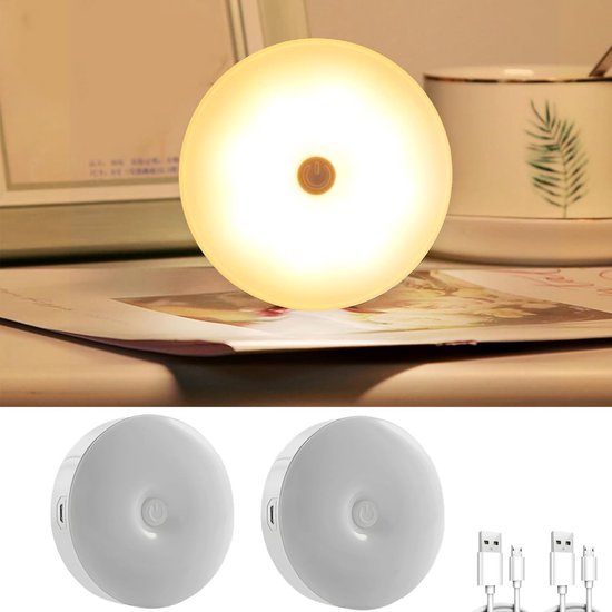 Oplaadbare Mini LED Nachtlampjes Draadloos, 2 Stuks Warm Wit Dimbare Wandlamp voor Trappen, Kast en Gang