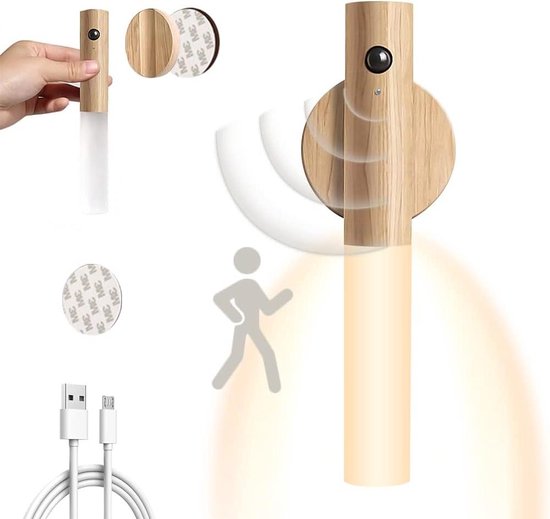 Oplaadbare USB wandlamp hout - Bewegingsdetector - Inductie LED - Warm wit - Voor binnen - Batterijen - Magnetisch - Nachtlampje - Woonkamer - Slaapkamer - Trap - Hal van Merkloos