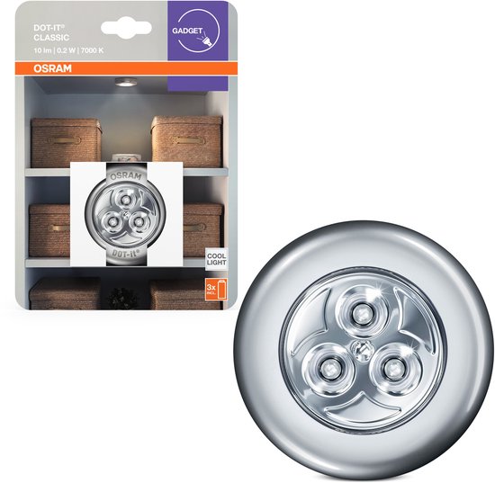 OSRAM DOT-it CLASSIC flexibele LED-lamp op batterijen in zilver van kunststof, IP20-bescherming, voor garderobe, keuken en als nachtlampje van Merkloos