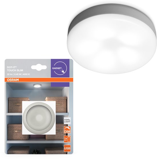 OSRAM DOT-it TOUCH Slanke compacte flexibele LED-lamp in wit van kunststof, dimbaar en oplaadbaar via USB, IP20-bescherming, voor kledingkast/kinderkamer van Merkloos