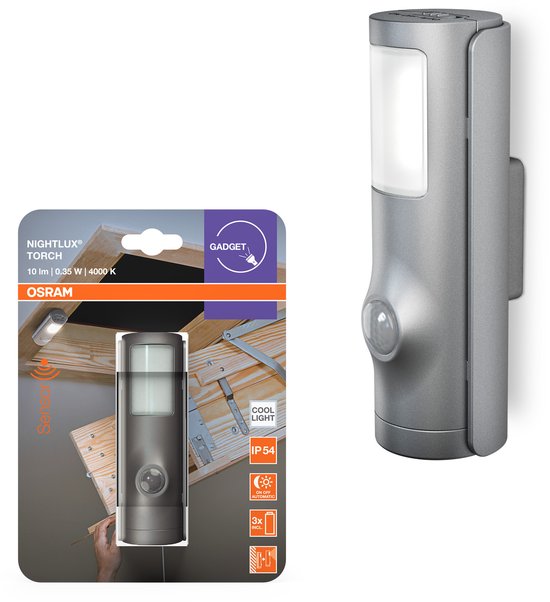 OSRAM LED nachtlampje zilver, 2in1 zaklampfunctie, lichtsensor, bewegingsmelder, op batterijen, IP54 spatwaterdicht van Merkloos