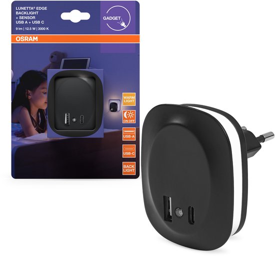 OSRAM LUNETTA EDGE plug-in nachtlamp, zwart, 0,35W, 10lm, warm wit licht, daglichtsensor, USB-A & USB-C poort, LED technologie, oplaadfunctionaliteit, lange levensduur, IP20, 3000K. van Osram