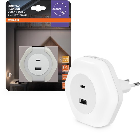 OSRAM LUNETTA HEXAGON plug-in nachtlamp, wit, 5W, 5lm, warm witte lichtsensor, USB-A & USB-C poort, LED technologie, oplaadfunctionaliteit, lange levensduur, IP20, 3000K. van Merkloos