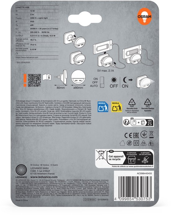 OSRAM LUNETTA LED Wit nachtlampje, met USB-uitgang, dag-nachtsensor, geïntegreerde mobiele telefoonhouder, stekkersysteem, warm wit, IP20 van Osram