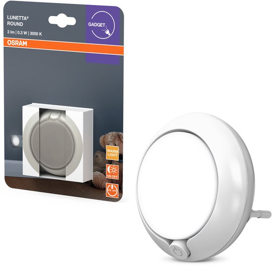 OSRAM LUNETTA Ronde nachtlamp wit met sensor; LED-technologie; 3 lm lichtstroom; 3000 K warmwit; aan/uit schakelaar; stopcontact installatie van Merkloos