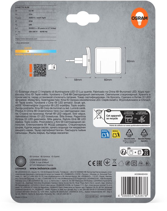 OSRAM LUNETTA Slim Nachtlampje Wit 3000K LED 3 lm 0,3 W met dag/nachtsensor, IP20, indirecte lichtopbrengst, fittingmontage van Merkloos