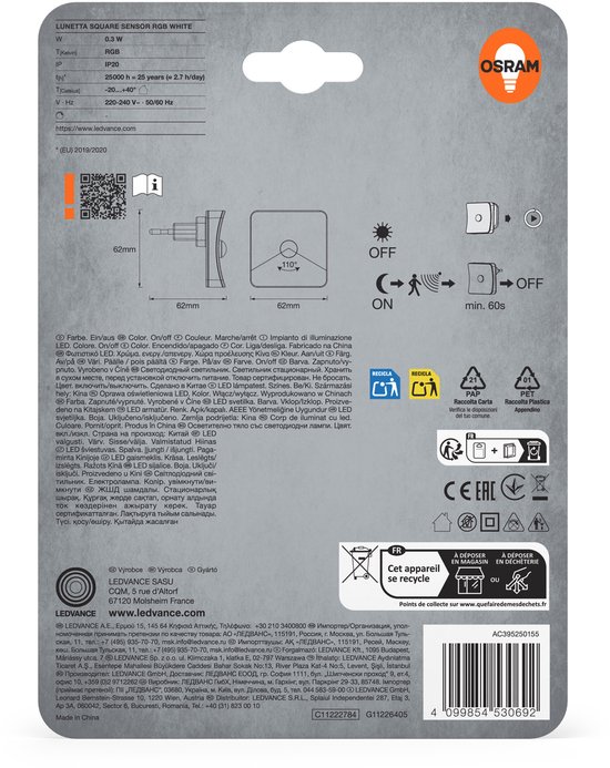 OSRAM LUNETTA VIERKANT nachtlampje incl. daglicht- en bewegingssensor, 0,3W, wit, vierkant design, RGB-kleurenlichteffect met vier lichtuitgangen, ingebouwde EU-stekker, voor gebruik binnenshuis van Merkloos