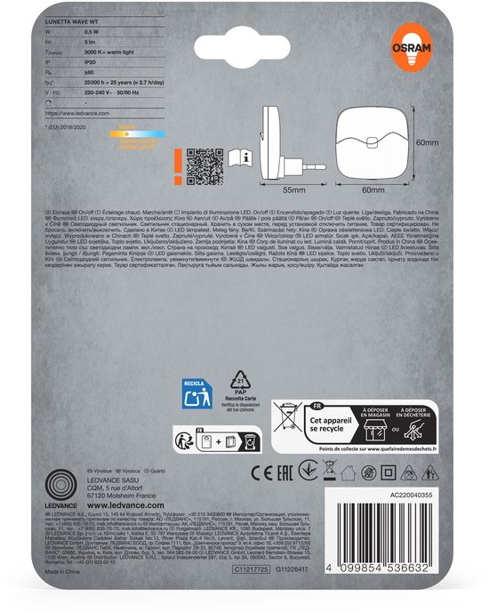 OSRAM LUNETTA Wave nachtlampje in wit van kunststof, warm wit licht, IP20 bescherming, voor kinderkamers en binnenruimtes van Merkloos
