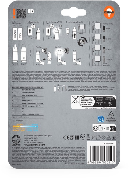 OSRAM mobiele LED nachtlamp met powerbank, 3000-4000 K, zaklampfunctie, USB oplaadbaar, IP20, voor gebruik binnenshuis van Osram