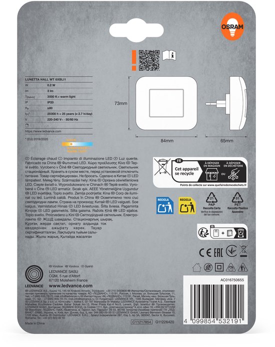 OSRAM nachtlampje met kantelfunctie, daglichtsensor, 3000K, 3lm, 0,2W, plug-and-play, wit, voor kinderkamers en woonruimtes van Merkloos