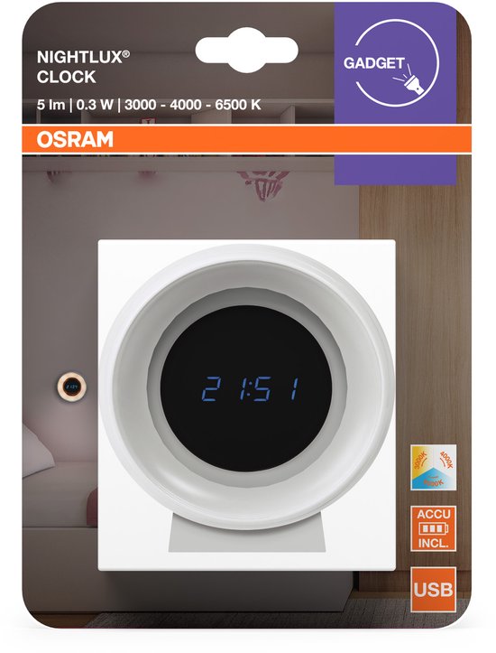 OSRAM NIGHTLUX digitale klok & nachtlampje met sensor 0,3W 5lm batterijvoeding, USB-kabel, kleurwisselfunctie voor wit licht, eenvoudig te installeren, alleen geschikt voor binnen (ook vochtige locaties) van Merkloos