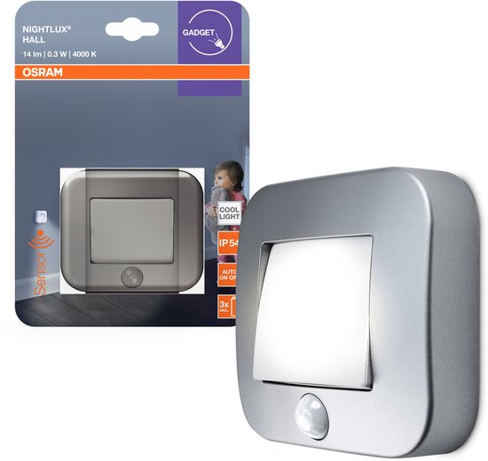 OSRAM NIGHTLUX Halnachtlamp, zilver, IP54, bewegingsmelder, op batterijen, koudwit licht, 4000 K, ideaal voor gangen en entrees van Merkloos