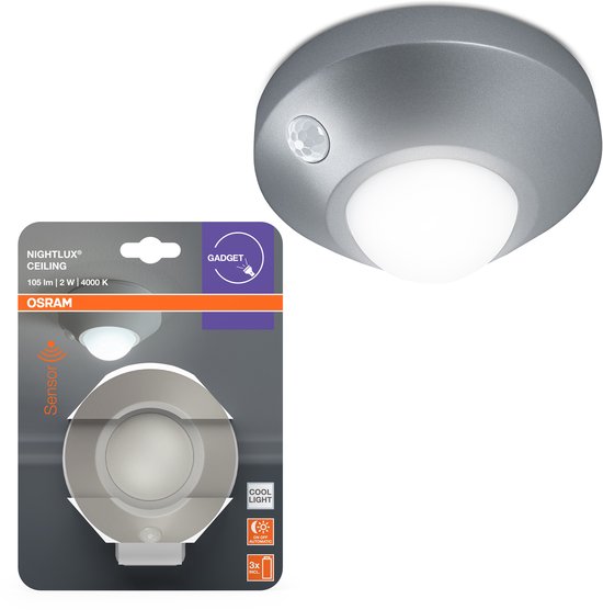 OSRAM NIGHTLUX plafondlamp, zilver, met bewegings- en lichtsensor, op batterijen, IP20, 105 lm, 4000K, eenvoudige installatie en robuuste behuizing. van Merkloos