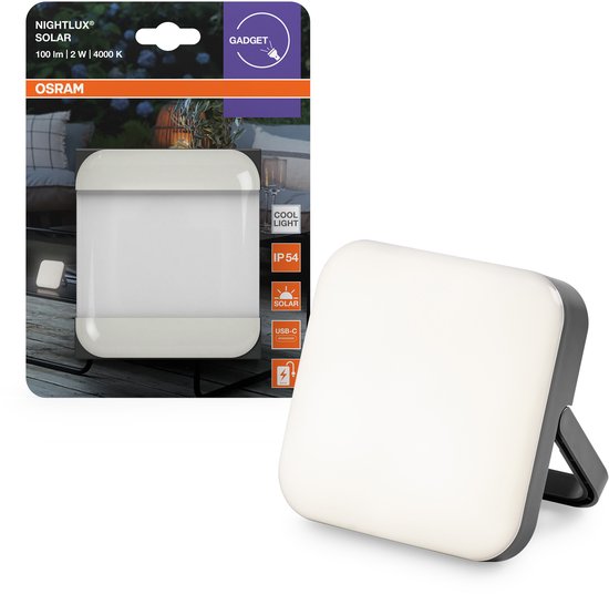 OSRAM Nightlux Solar Light Gray, op zonne-energie werkende LED-buitenlamp, 2,00 W, 100 lm, koel wit, powerbankfunctie, USB-C-oplaadpoort, voor buiten, IP54 van Osram