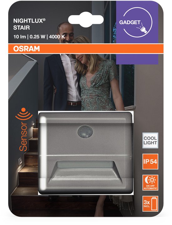 OSRAM NIGHTLUX Stair trapverlichting, zilver, bewegingsmelder, IP54, op batterijen, 4000 K koudwit, ideaal voor trappen en gangen van Merkloos