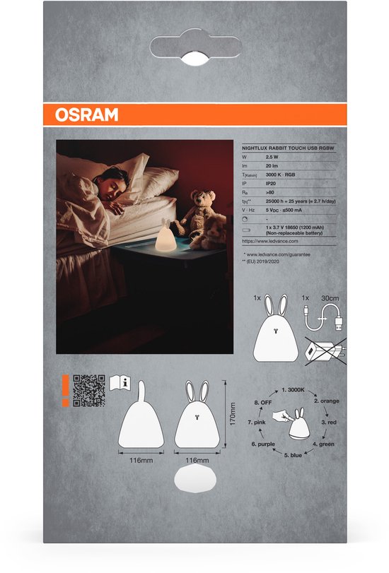 OSRAM NIGHTLUX TOUCH konijnennachtlampje met touch-dimfunctie in wit van kunststof, IP20-bescherming, perfect voor de kinderkamer van Merkloos