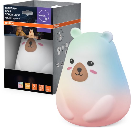 OSRAM Nightlux Touch Nachtlamp Beer, 0,7W, 40lm, RGBW 3000K, Wit, Siliconen, USB-C oplaadbaar, Touch dimmer van Merkloos