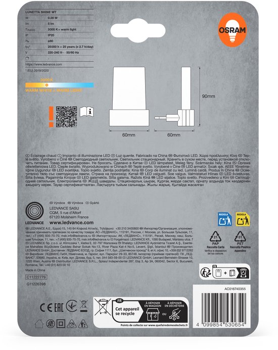 OSRAM socket nachtlampje, daglichtsensor, 3000K warm wit, 0,28W, wit, beschermingsklasse IP20, voor kinderkamers en woonruimtes van Merkloos