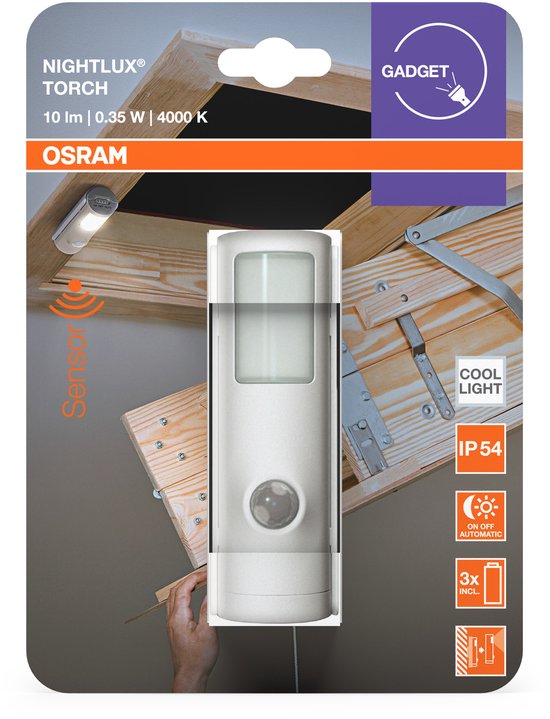 OSRAM Torch LED nachtlampje met bewegingsmelder wit, 2in1 zaklampfunctie, lichtsensor, op batterijen, IP54 spatwaterdicht van Merkloos