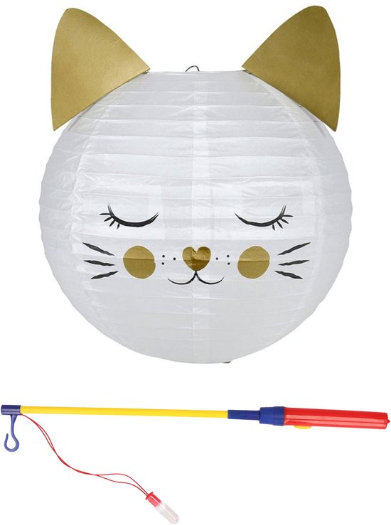 Ostaria Set Japanse bol lampion met stokje - kat/poes thema - lichtje - sint maarten - lampion - versiering van OSTARIA