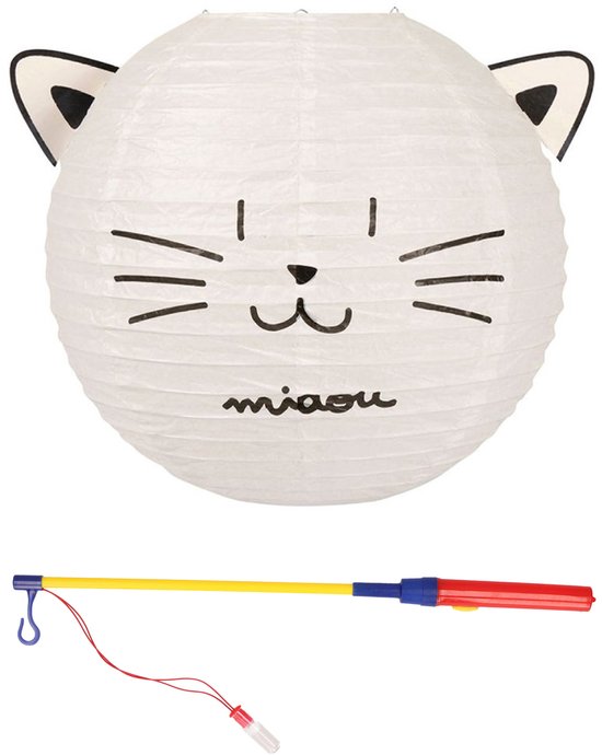 Ostaria Set Japanse bol lampion met stokje - kat/poes thema - lichtje - sint maarten van OSTARIA
