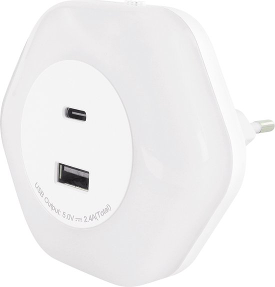 OZIL - 2 stuk - Stopcontact wandlamp / nachtlamp - 1 x USB A - 1 X USB C - Wit - Neutraal licht kleur van Lukodo