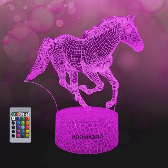 Paard 3D nachtlampje voor kinderen - 16 kleuren afstandsbediening - cadeau paardencadeaus meisjes 6-10 jaar
