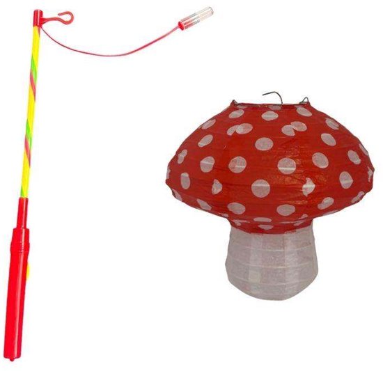 Paddenstoel Lampion met Stok - Rood met Witte Stippen - 20x20cm - Verjaardag Versiering Feest - Kinderfeestje Decoratie - Lampionnen