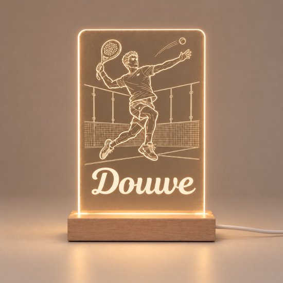 Padel Nachtlampje met Naam - Gepersonaliseerd LED Lampje Hout - Verjaardagscadeau Padel