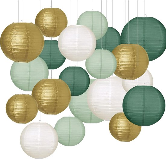 Papieren Lantaarns in Donkergroen, lichtgroen, Goud en Wit - Kleurige Papieren Lantaarns - Ronde Lampions - Hangende Lampions decoratie - Feestelijke Decoratie - Feestelijke sfeer - 20 Stuks - voor Buiten, Tuin, Bruiloften en Feestdecoratie